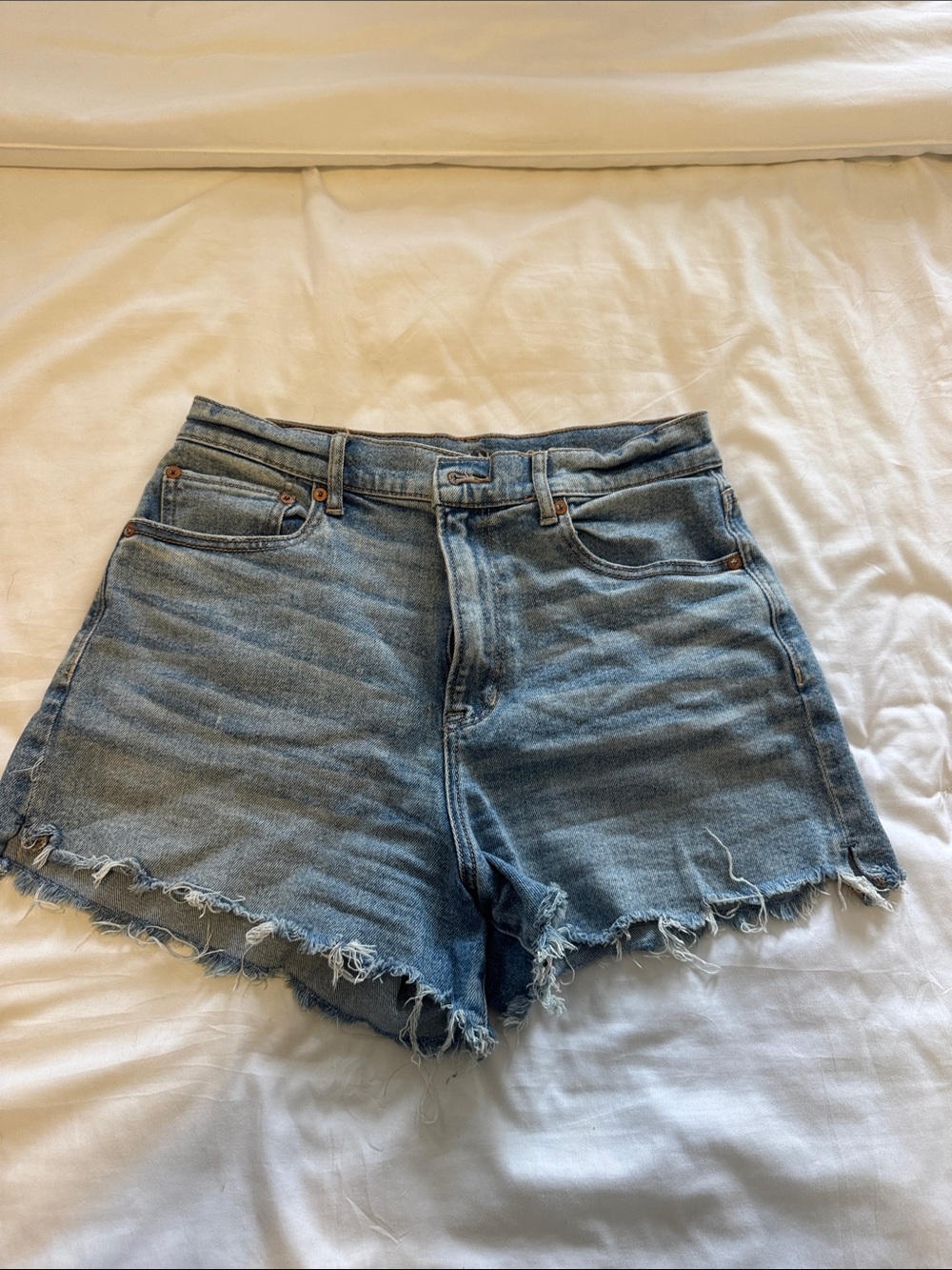 American Eagle Outfitters Light Blue High-Rise Frayed Denim Shorts